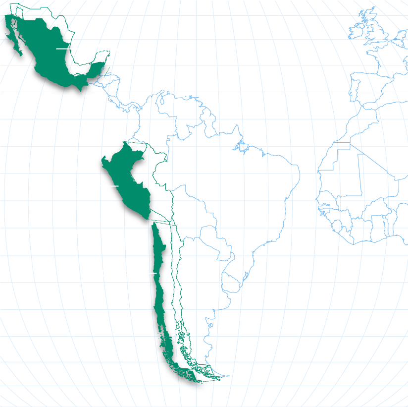 map of growing regions for avocados with Mexico, Chile, and Peru highlighted